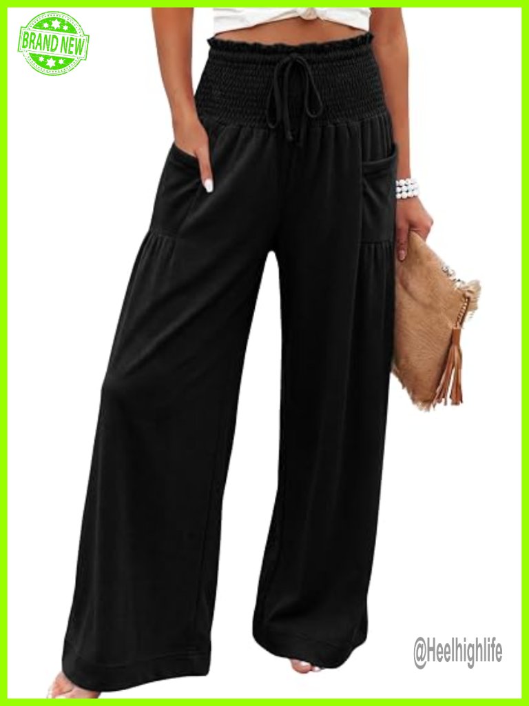 Womens Baggy Wide Leg Palazzo Pants Casual Boho Smocked High Waist Lounge